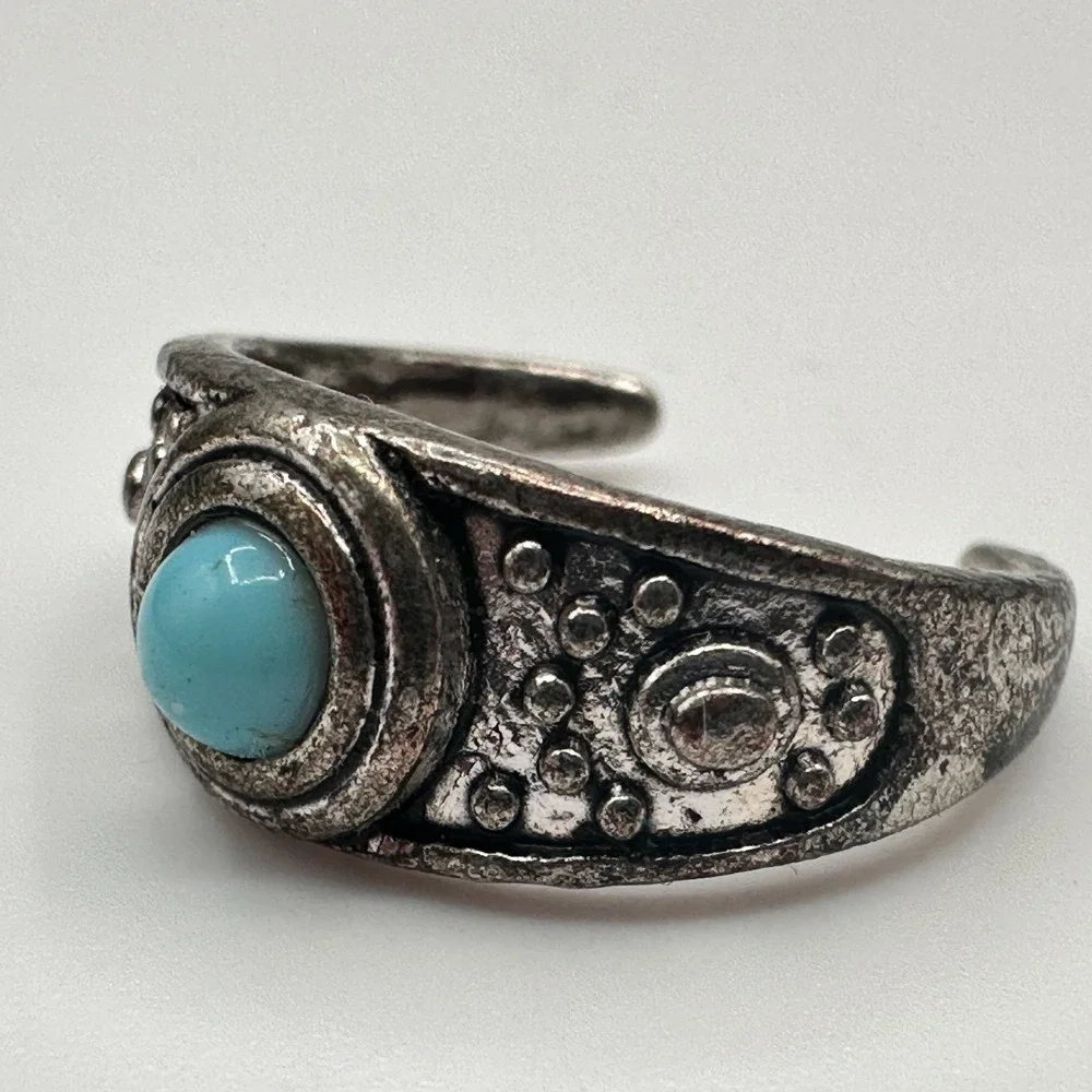 Vintage 90s Silver Tone Blue Glass‎ Cabochon Ring Boho Women's Classic Jewelry